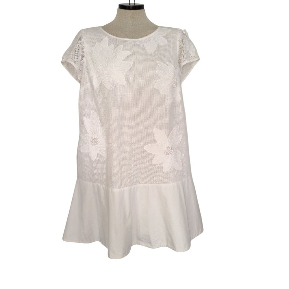 Crown & Ivy White Floral Embroidered Drop-Waist Cotton Dress M-lp